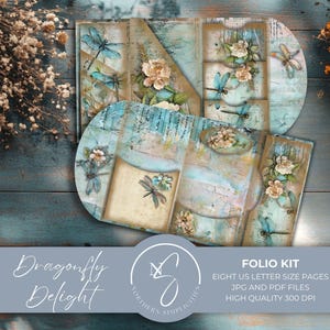 Folio Dragonfly Delight, kit de diario basura vintage, efímera, plantilla de folio imprimible, collage digital, álbum de recortes Shabby Chic 2024, D1