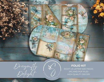 Dragonfly Delight Folio, Vintage Junk Journal Kit, Ephemera, Printable Folio Template, Digital Collage, Shabby Chic Scrapbooking 2024, D1