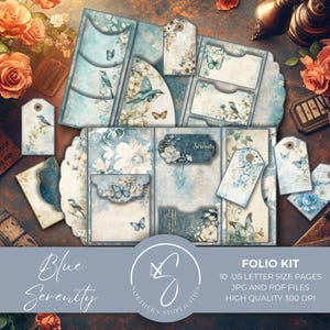 Blue Serenity-folioset met vlinderpapier, mini-envelop, Floral Journal Ephemera, digitale collage en Franse vlinders, 2025, B21