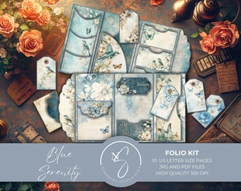 Blue Serenity Folio Kit with Butterfly Papers, Mini Envelope, Floral Journal Ephemera, Digital Collage, & French Butterflies set, 2025, B21