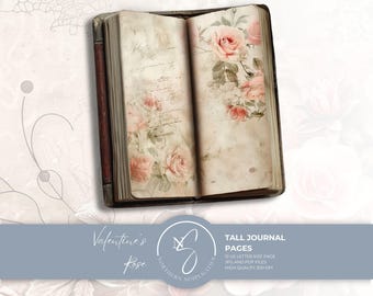 Valentine's Rose Tall Journal Pages, Vintage Shabby Chic Printable Paper with Aged Script Borders, 2024, V19