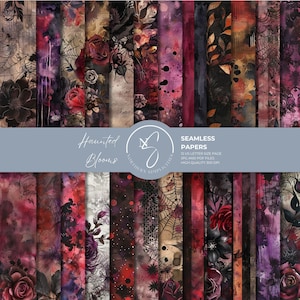 May include: A collection of digital seamless papers titled Haunted Blooms, featuring dark floral patterns, spider webs, and watercolor textures in shades of red, black, and purple. The text reads Haunted Blooms, Seamless Papers, 12 US letter size page, JPG and PDF files, High Quality 300 DPI.