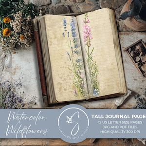 Kit de carnet de notes fines aquarelle fleurs sauvages, pages numériques vintage grandes et fines pour création de travaux manuels en papier de journalisation de fleurs, 2024, W3