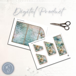 Dragonfly Delight trifold folio with coordinating pockets, blue-green dragonflies, cream and blush flowers, leafy details and aged paper textures.