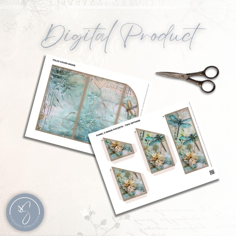 Dragonfly Delight trifold folio with coordinating pockets, blue-green dragonflies, cream and blush flowers, leafy details and aged paper textures.