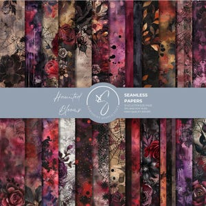 May include: A collection of seamless digital papers titled Haunted Blooms, featuring dark floral patterns, spider webs, and watercolor textures in shades of deep red, black, and purple, presented as a set of 12 US letter size pages.