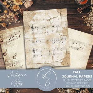 May include: Three antique-style journal papers with musical notes, featuring a distressed, aged appearance. The papers are beige with brown musical notation. The image includes the text "Antique Notes" and "Tall Journal Papers".