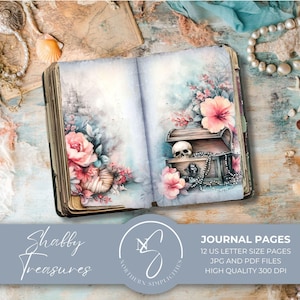 Shabby Treasures Journal Pages, een digitale download junk journal kit met nautische ephemera, vintage bloemen piraten plakboek benodigdheden, 2025