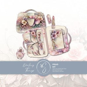 May include: A digital folio kit featuring a handbag, perfume bottle, and lipstick, all decorated with floral patterns in shades of pink, purple, and cream. The set includes cards with text like Once upon a time and Dream, plus a folio cover.
