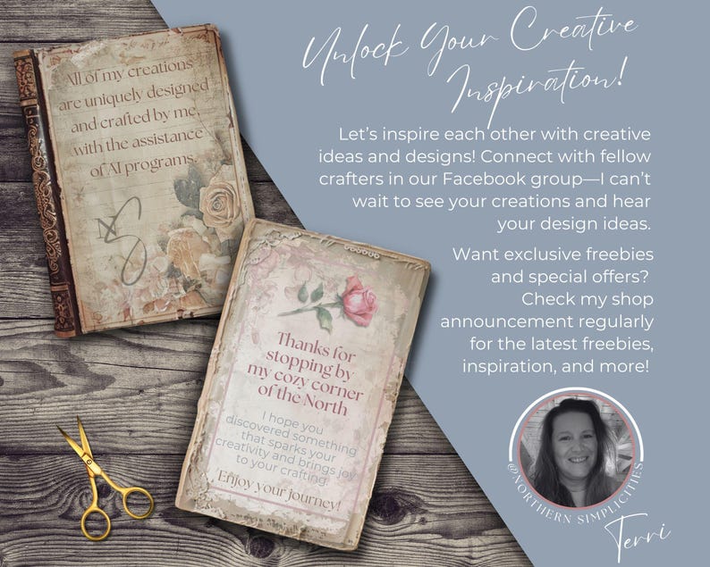 Puede incluir: Dos libros de estilo vintage con dise&ntilde;os florales y texto, uno que dice "All of my creations are uniquely designed". El otro dice "Thanks for stopping by my cozy corner of the North". Tijeras doradas sobre una superficie de madera.