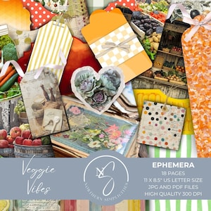 Veggie Vibes : kit numérique éphémères de jardin - jardinage vintage, journal végétalien indésirable, citrouille et fleurs numériques, journaux imprimables, 2024, V7