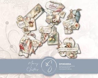 Merry Clusters Christmas Ephemera, Vintage Winter Junk Journal Fussy Cuts and Tags, 2025