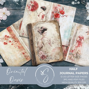 Demi-journal en papier Oasis oriental, femme geisha avec une touche dorée pour un album oriental ou des modèles de cartes vintage du Japon, 2025, O31