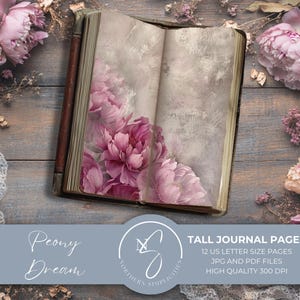 Peony Dream Tall Journal Pages: Chudy, Cienki Junk Journal, Vintage Peonies, Zestaw papieru do druku, Pobieranie cyfrowe, 2025, P22