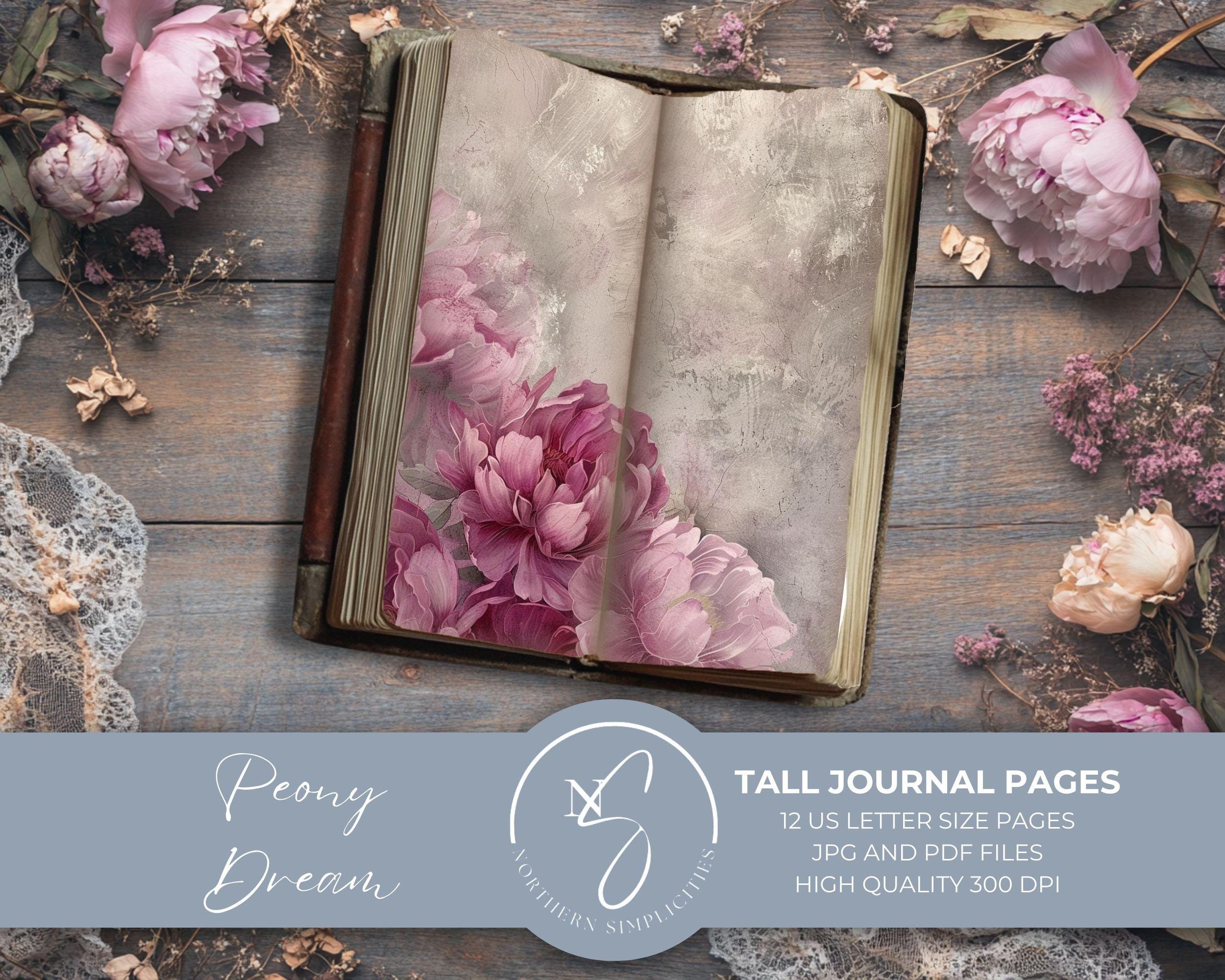 Peony Dream Tall Journal Pages: Skinny, Thin Junk Journal, Vintage Peonies, Printable Paper Kit, Digital Download, 2025, P22