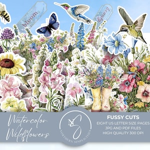 Aquarel wilde bloemen kieskeurig gesneden ephemera, vintage afdrukbare digitale collage voor Flower Junk Journals en scrapbooking, 2024, W3
