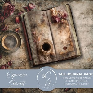 Espresso Secrets Tall Journal Seiten enthalten Kaffee gebeiztes Papier, Vintage Skinny Junk Journal Kunst, Aquarell Scrapbook Digi Kit, E35, 2025
