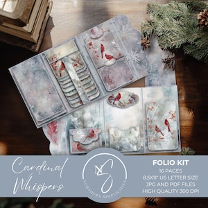 Cardinal Whispers Wasserfall Folio Kit, Weihnachten Digitaler Download, Roter Vogel, Journal Buchrücken, Scrapbook Papiere, Winter Ephemera, 2024, C18