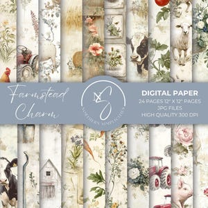 Puede incluir: Conjunto de papel digital "Farmstead Charm" con 24 páginas de 30,48 cm x 30,48 cm. Los diseños incluyen ilustraciones de acuarela de animales de granja, flores y elementos de granja vintage. Alta calidad a 300 DPI.