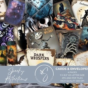 Carnet cartonné et mini enveloppes Spooky Reflections, cartes ATC, numérique vampire, Halloween, papier sorcière, cottagecore foncé, 2024, S12