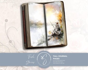 Fish Stories Tall Journal Pages Watercolor Fishing Junk Journal Vintage Bordered, 2024, F6