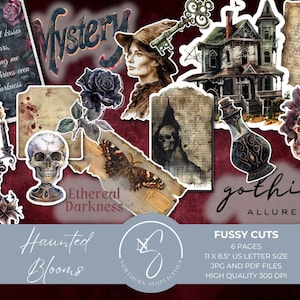 Haunted Blooms Fussy Cuts and Quotes, Halloween & Gothic Ephemera, Collage Quotes, Embellishment Words Journaling, 2024, H10