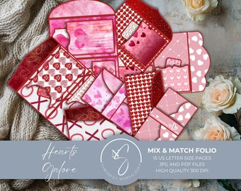 May include: A collection of paper folios and envelopes featuring various red and pink heart patterns, XOXO motifs, and watercolor textures. The set includes 15 US letter size pages labeled Hearts Galore Mix & Match Folio with JPG and PDF files.
