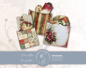 Puede incluir: Una colección de efímeros de papel decorativo con ilustraciones de flores de pascua, rayas rojas y verdes y una cuadrícula de motivos florales. El conjunto incluye varias formas de etiquetas y tarjetas con el texto Poinsettia Perfection.