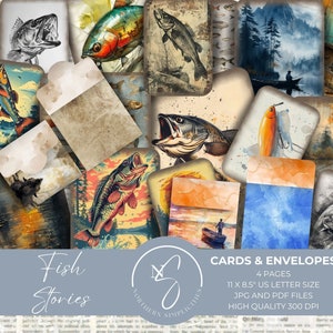 Carnet d'histoires de poisson, cartes ATC, documents éphémères vintage, mini enveloppes, papier pour scrapbooking sur la pêche, kit de journal indésirable, 2024, F6