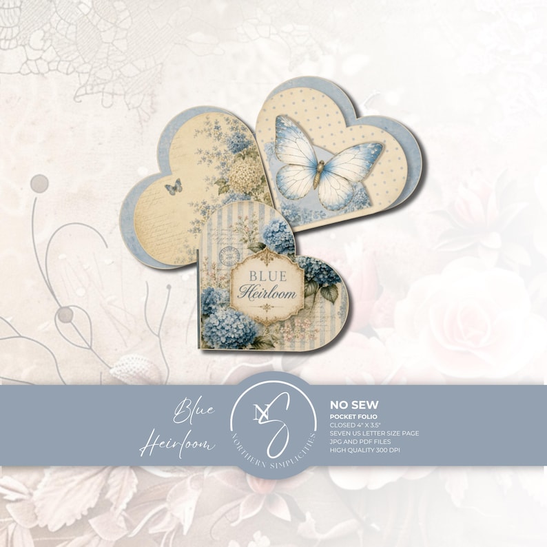 Heart-shaped no sew pocket folio in vintage blue hydrangeas and butterflies on cream — junk journal kit with pages, pockets, and ephemera, on a soft floral background.