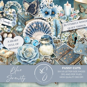 Blue Serenity Fussy Cuts and Quotes efêmera digital para conjunto de diário de lixo, borboletas florais de diário para papel azul vintage, 2025, B21