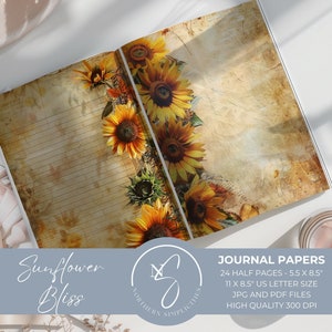 Sunflower Bliss Junk Journal Kit Printable, Digital Download Vintage Sunflowers Paper Ephemera Collage Sheets Floral Scrapbook, 2024, S8