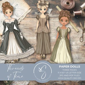 Threads of Time Paper Dolls feature vintage Victorian dress-up designs with cut-out clothes, perfect for junk journals, DIY toys, 2025, T27