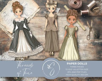Threads of Time Paper Dolls feature vintage Victorian dress-up designs with cut-out clothes, perfect for junk journals, DIY toys, 2025, T27
