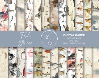 May include: A collection of digital paper sheets featuring watercolour illustrations of fish, fishing lures, rods, and anglers. The text reads Fish Stories, Digital Paper, 24 30.48 x 30.48 cm pages, JPG files, and high quality 300 DPI.