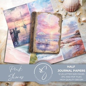 Pink Shores Half Journal Papers for Beach Junk Journal, Vintage Printable, Ocean Junk Journal, Scrapbook Paper, Digital Download, 2025, P34