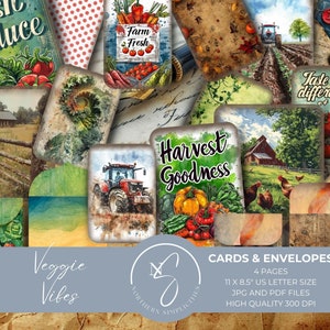 Cartes de journal Veggie Vibes et cartes ATC, mini enveloppes, articles éphémères de jardin pour kit numérique citrouille de journal indésirable, jardinage vintage, 2024, V7