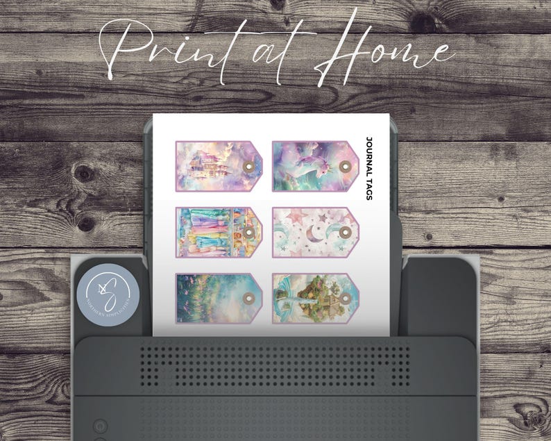 May include: Printable journal tags featuring a whimsical watercolor design with a castle, stars, and a unicorn. The tags are labeled "Journal Tags" and are ready to be printed at home.
