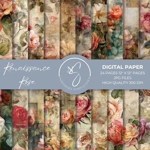 May include: Digital paper set featuring a Renaissance Rose design. The collection includes 24 pages, each 12 x 12 inches, in JPG format. The floral patterns showcase roses in shades of red, pink, and yellow, with green foliage on a vintage background.