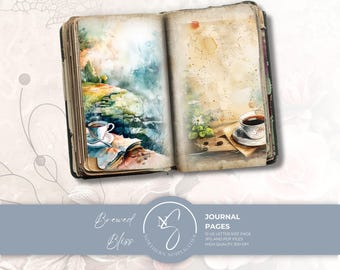 Brewed Bliss Journal Pages, Vintage Coffee Watercolor Printables with Cozy Cafe and Landscape Scenes, 2024, B5