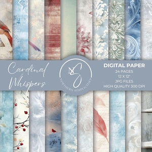 Ensemble de papier numérique Cardinal Whispers pour kit de journal indésirable représentant un oiseau d&#39;hiver rouge, pages transparentes sous forme de papier carrelé pour éphémères imprimables, 2024, C18