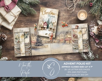 North Pole Advent Folio Calendar Kit a daily December vintage Christmas countdown for your retro Winter junk journal, 2025, N55