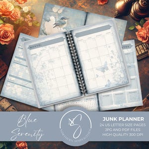 Blue Serenity-junkplannerkit met bloemen- en vlinderpapier, ongedateerde dagelijkse afdrukbare voor vintage liefhebbers Digitale download, 2025, B21