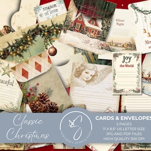 Cartes de journal de Noël classiques et mini enveloppes, cartes ATC, éphémères imprimables de Noël de style campagnard rustique vintage, C14