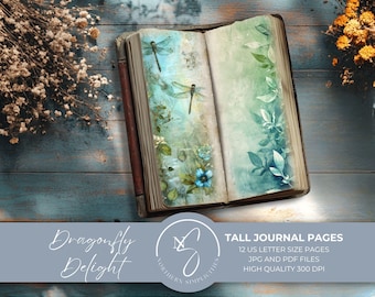 Dragonfly Delight, Tall and Skinny Dragonfly Journal Kit - Watercolor Papers, Digital Collage, Journal Ephemera, Scrapbook Paper, 2024, D1