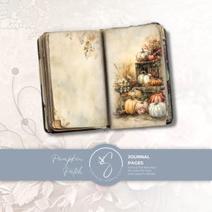 May include: An open journal with aged, cream-colored pages. The left page is blank with faint leaf illustrations. The right page features a detailed watercolor illustration of a wooden crate filled with various pumpkins, gourds, and autumn foliage.