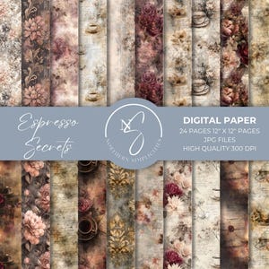 Espresso Secrets Digital Papers, een naadloze herhaling van aquarel voor je papierkunst, plakboekpapier voor je Coffee Junk Journal, E35, 2025