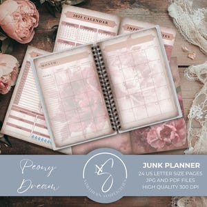May include: A printable planner with a floral design featuring peonies. The planner is titled "Peony Dream" and includes a 2025 calendar, monthly pages, and "Important Dates" pages. The planner is 24 pages long and is available in JPG and PDF formats. The planner is high quality and 300 DPI.