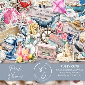 Pink Shores Fussy Cuts do Twojego zestawu dziennika śmieci w domu na plaży, drukowane efemerydy i słowa, które uzupełnią każdy klimat morski lub oceaniczny, 2025, P34