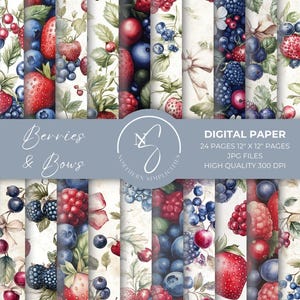 Berries & Bows Digitales Papier mit Erdbeer-, Brombeer-Nahtlosen Seiten, zusätzlichen Coquette-Bögen für Akzente Blaubeer-Frucht-Fliesenmuster, 2025
